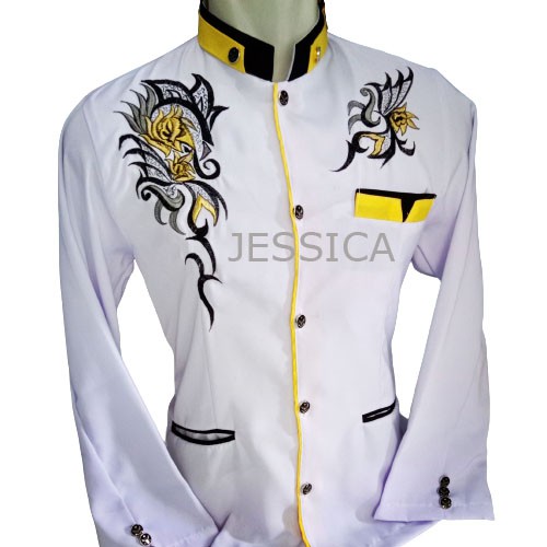 Jasko Pria Dewasa Jasko Bordir Motif Jas Koko Pria Warna Putih Lis Kuning Lengan Panjang