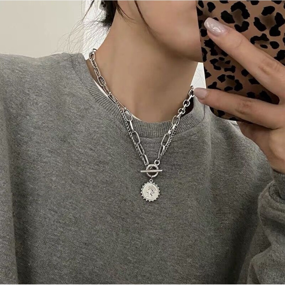 Kalung Rantai CHOKER SUNKOIN 2 Layer Korea Fashion Gaya Punk Hip Hop Coin Necklace Wanita Pria Retro