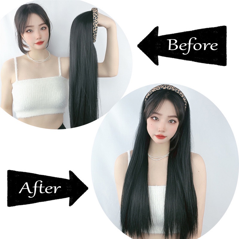 Wig Bando Cantik Wanita Motif Leopard Long Straight Natural Hair Korean Version