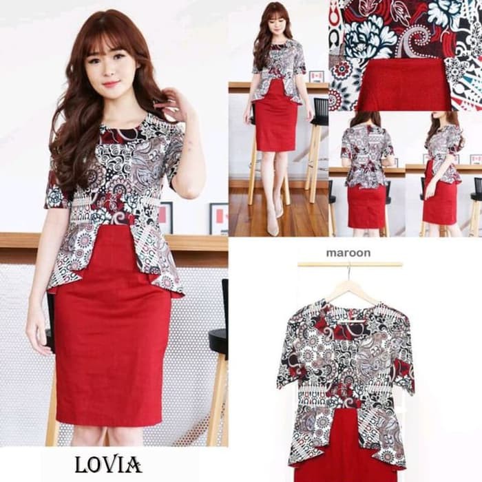 UI64 Kalina Dress Batik Wanita / Gaun Party Baitk Mix Brokat - Merah, Allsize