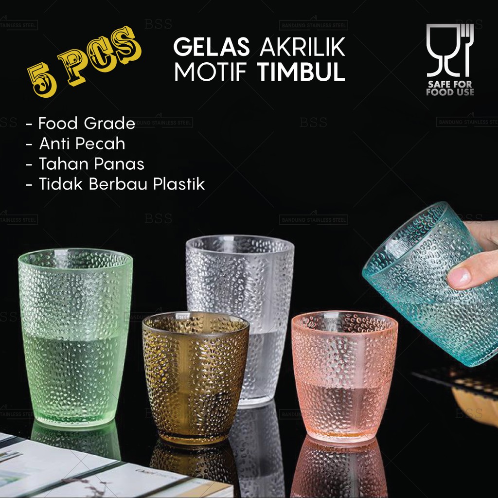 5pcs Gelas Akrilik Food Grade 220ml 400ml Anti Pecah Tahan Panas Motif Timbul Cantik Menarik Lucu