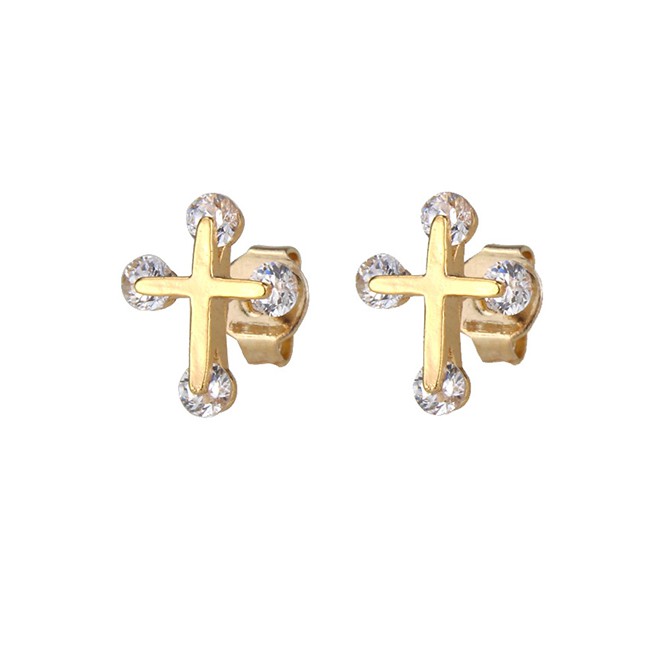 LRC Anting Tusuk Fashion Gold-plated White Zirconium Small Studded Cross Earrings With Zirconium K09