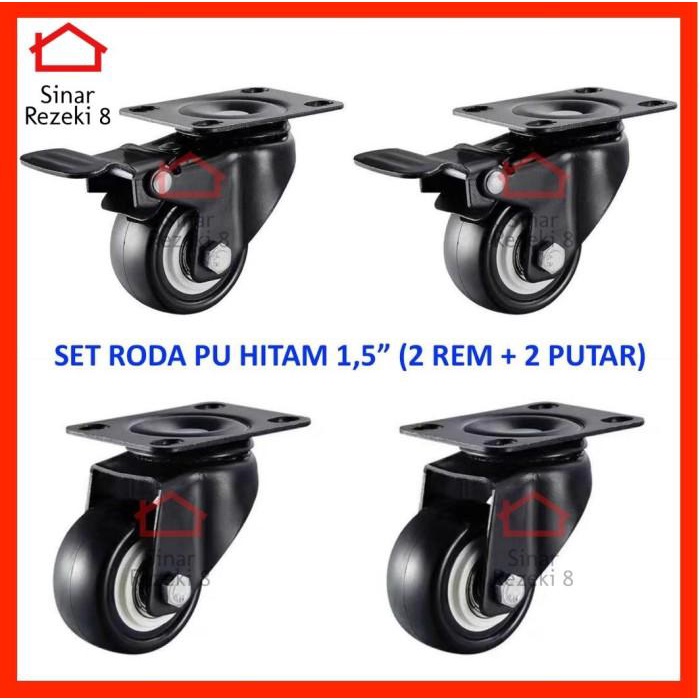 SET Roda Pu Hitam 1,5 inch Rem Hidup Lemari Caster Troly Troli Putih
