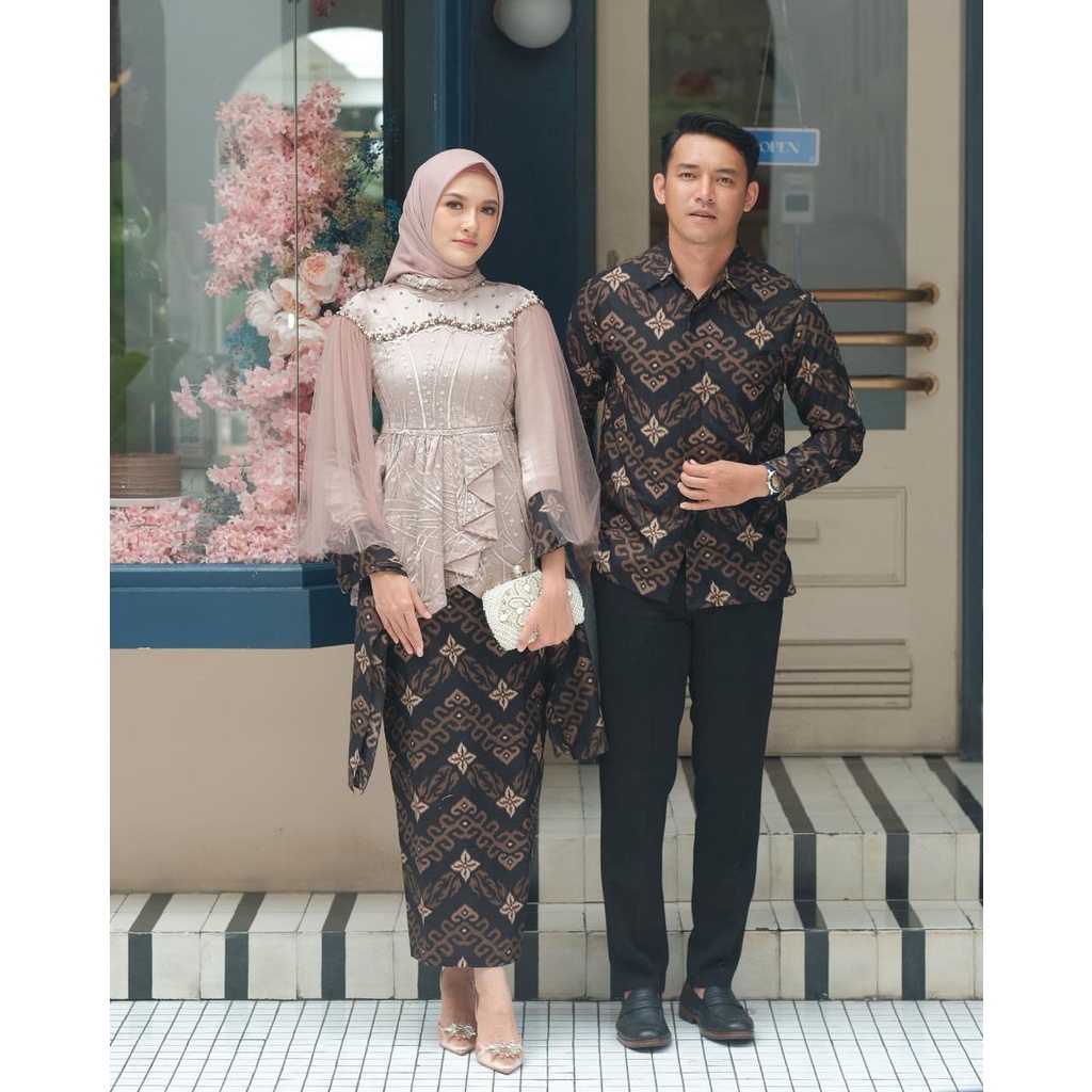 ( ORI ) Kebaya Batik Couple Vanilla Nude BONUS HIJAB Kebaya Wisuda Kebaya Lamaran Kebaya Couple modern