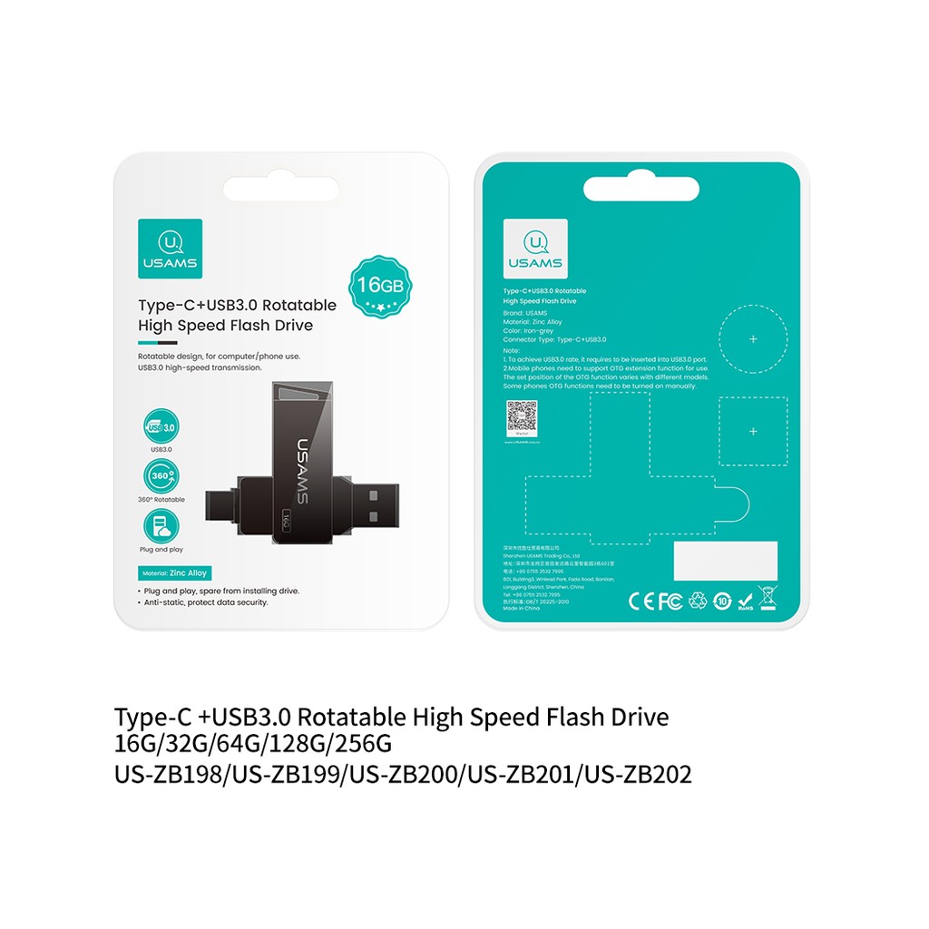 USAMS Flashdisk OTG Dual Drive USB3.0 + Type C Rotatable High Speed 16GB 32GB 64GB 128GB 256GB