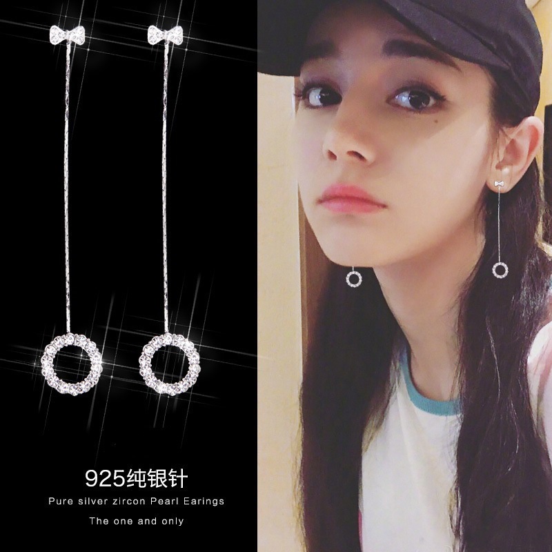 S925 anting-anting Korea sederhana pribadi all-match bow circle Berlian panjang anting-anting hypoal