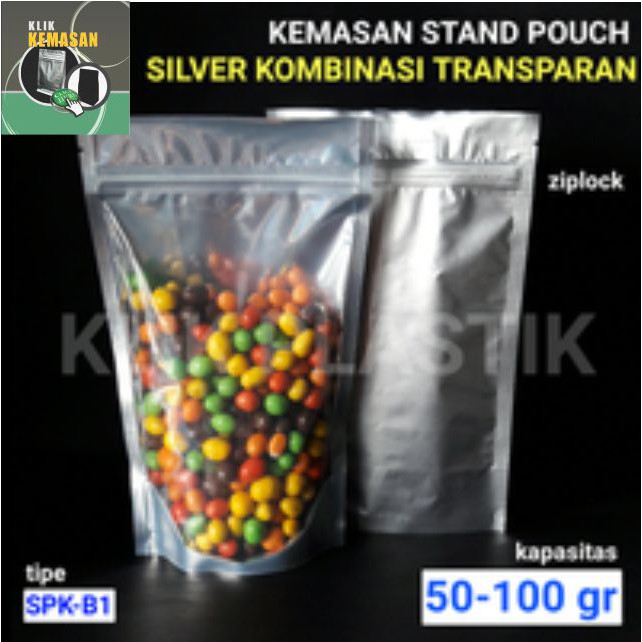 KEMASAN STANDING POUCH ALUFOIL KOMBINASI 50-100GR/PLASTIK KLIP SNACK