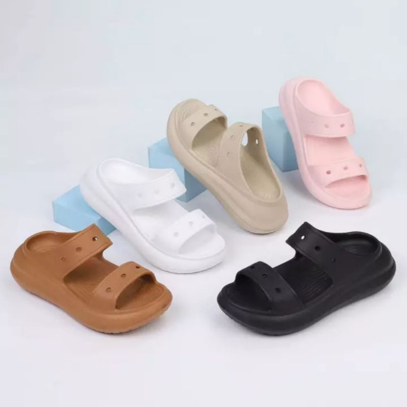 Bae Slide Two Strap Platform Sandal Wanita Karet Selop Tali Casual Sendal Free Jibbitz