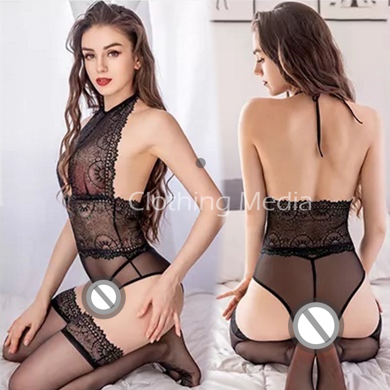 Lingerie Babydoll Wanita Tipis Transparan Lace Halter Sleepwear G-String