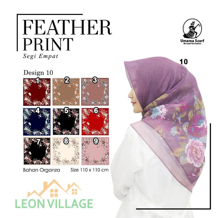 Kerudung FEATHER PRINT A10 UMAMA Hijab Jilbab Organza Segi Empat Motif