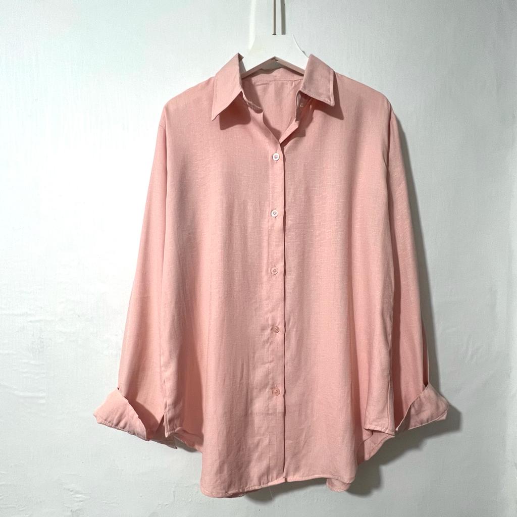 Saku Kemeja Wanita/Blus kemeja linen 2021 Kualitas tinggi Wanita/Atasan wanita kantor Wanita chic lengan panjang-Peach_KMJ Linen