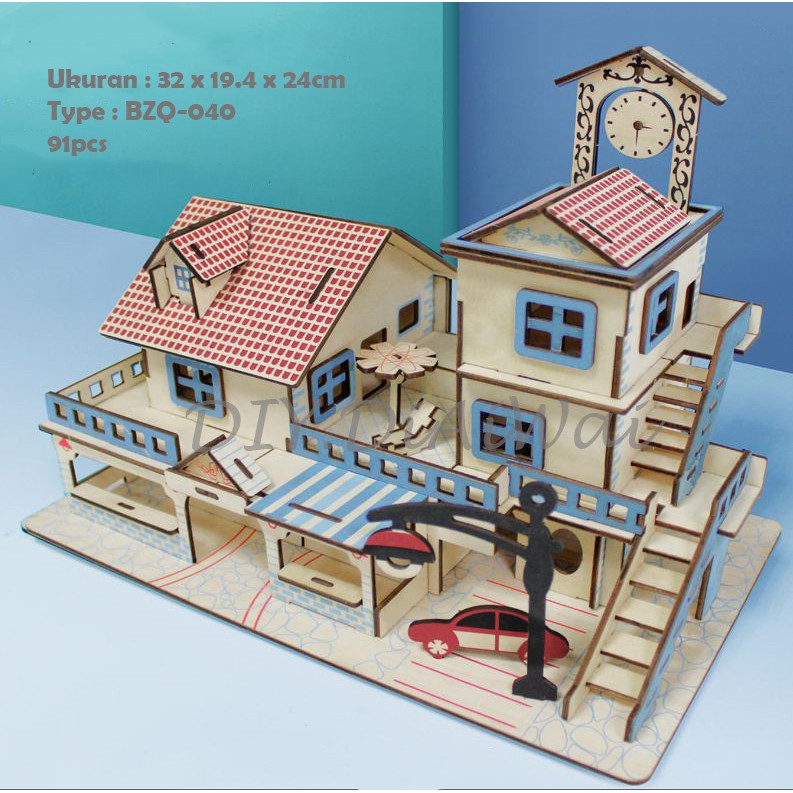 Puzzle 3D DIY bahan kayu model Rumah Mewah mainan puzzle edukasi anak (kado &amp; pajangan)