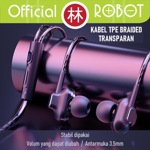 Robot RE30 Wired Headset Earphone Kabel TPE Braided Transparan Black