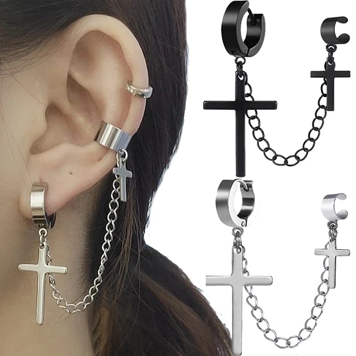 Anting Klip Tanpa Tindik Bahan Stainless Steel Gaya Retro Punk Korea Untuk Pria Dan Wanita