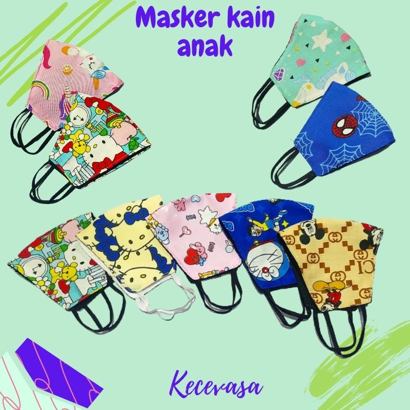 MASKER KAIN ANAK PEREMPUAN LAKI EARLOOP KARAKTER LUCU COWOK CEWEK DISNEY UNIQORN KITTY DORAEMON MICK