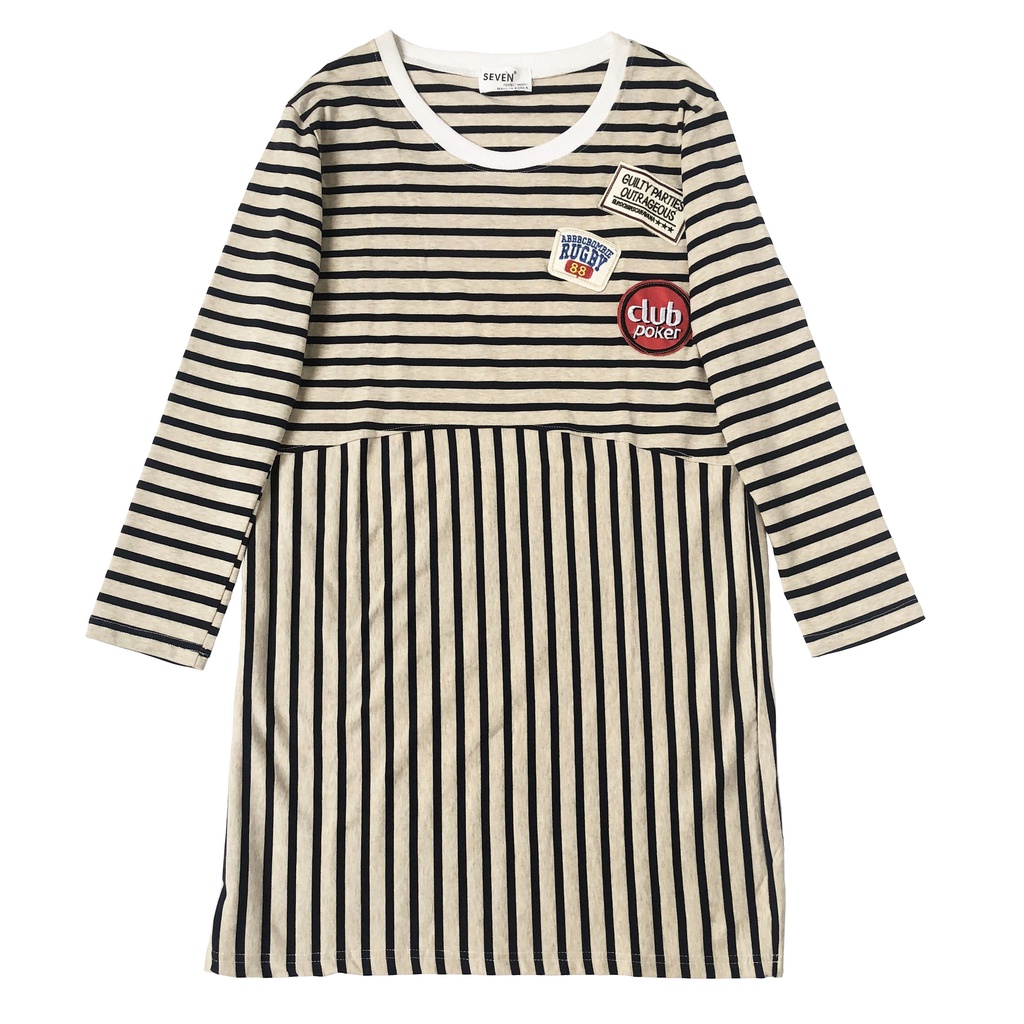DRESS TUNIK KAOS SEPAN KREM IVORY GARIS HITAM  EMBLEM BORDIR IMPOR