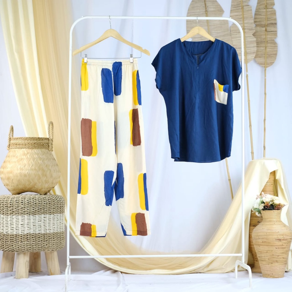 Setelan Piyama Babydoll Lengan Pendek Kekinian Baju Tidur One Set Rayon Premium Wanita Dewasa Busui-NavyPotch