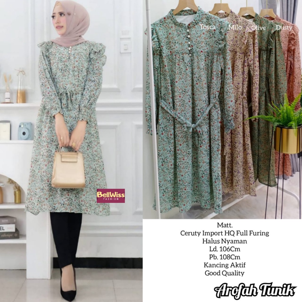 AROFAH TUNIK / 21.6 / BAHAN CERUTY / FULL FURING / LD 106 CM / PB 108 CM / BUSUI / BELLWIS