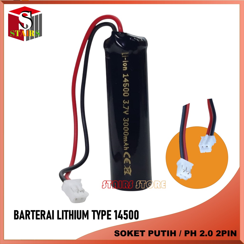 Terlaris !!! Baterai Speaker Bluetooth Type Li-ion 14500Soket PH 2.0 2Pin 3.7V - 3000mAh Ukuran 1.25mm x 5cm