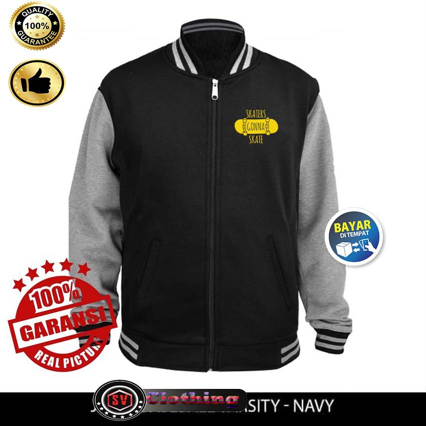 Jaket Baseball Varsity HITAM LENGAN ABU Logo SKATERS GONNA Yellow