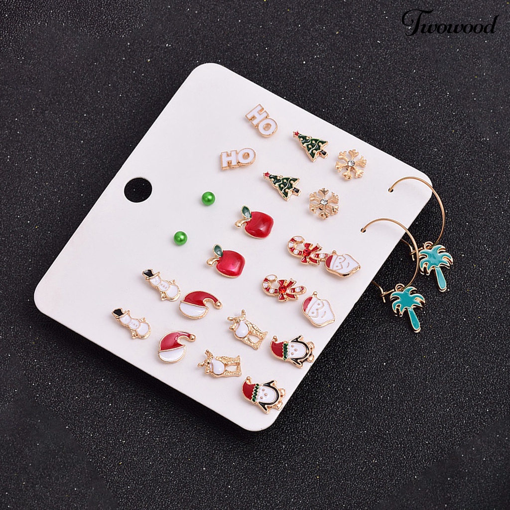 12 Pasang Anting Stud Desain Topi Santa Claus Snowflake Pohon Natal Snowman Untuk Wanita