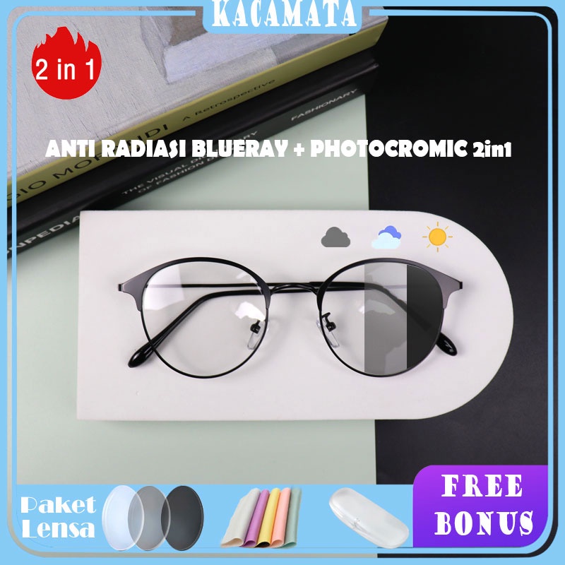 Kacamata Korea Bulat PHOTOCROMIC ANTI RADIASI BLUERAY 2in1 untuk miuns pria dan wanita metal 9180