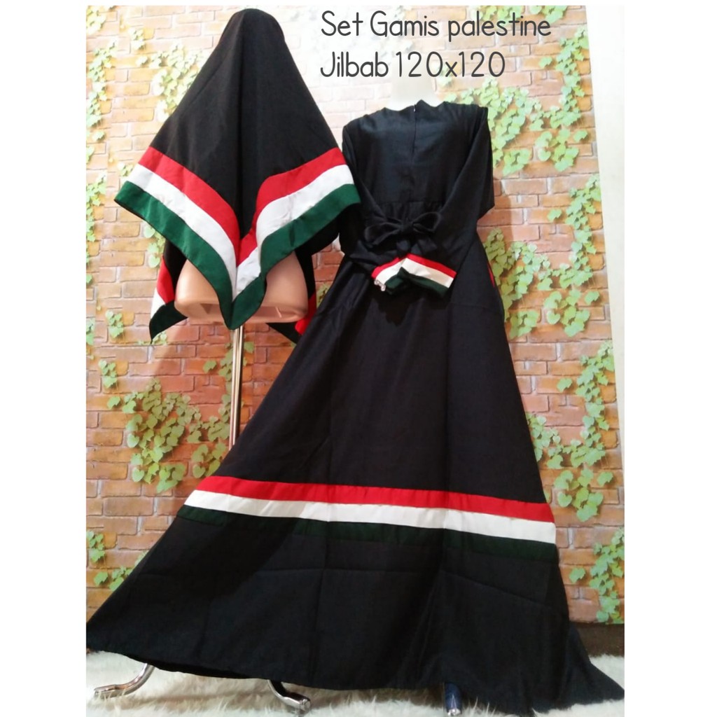 SET GAMIS PALESTINA + SEGIEMPAT  2 SISI 120 palestin palestine bergo jilbab khimar black edition