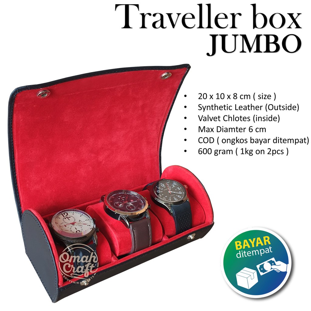 BLACK RED - Traveller Watch Case Organizer isi 3 / Kotak Tempat Jam Tangan Murah Grosir