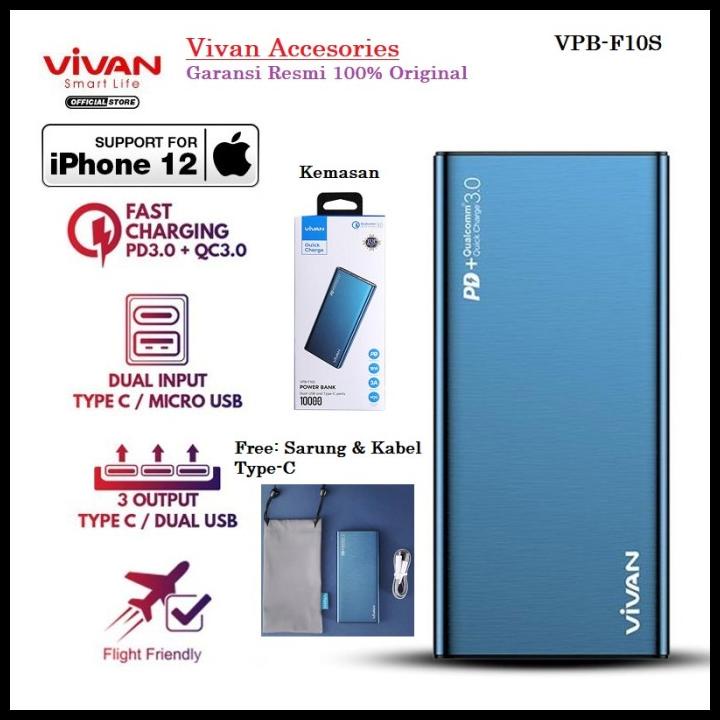 Powerbank Dual Usb Vivan Power Bank 10000 Mah 18W Vpb-F10S - Biru
