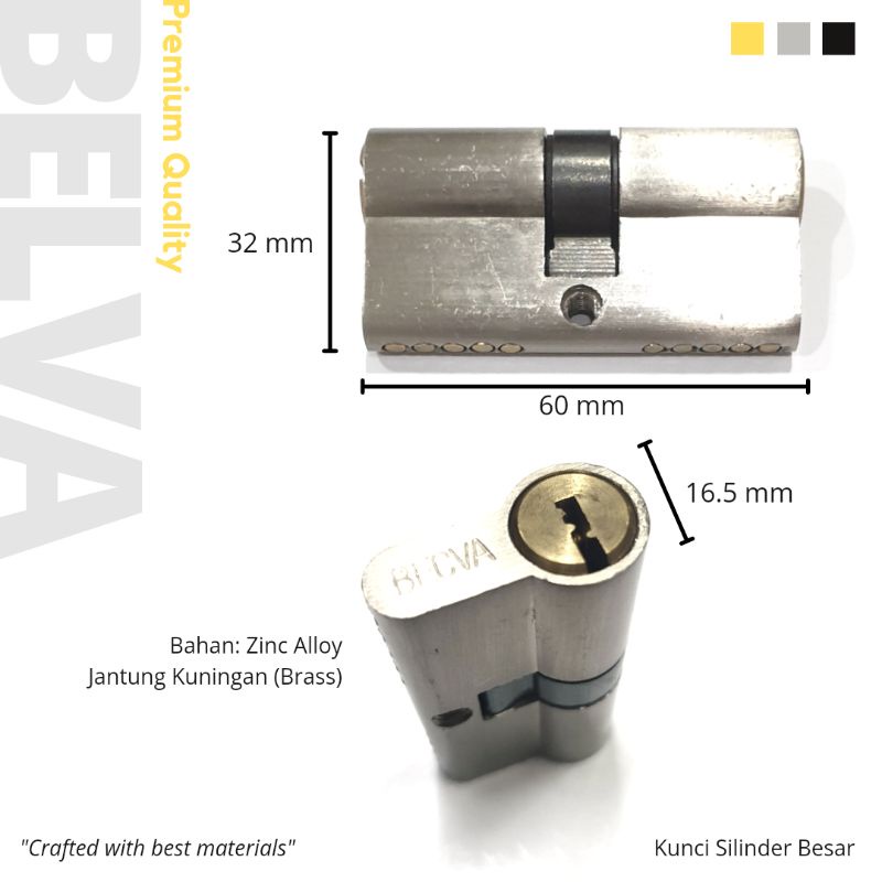 Kunci Silinder Pintu Besar Belva Jantung Kuningan 60mm