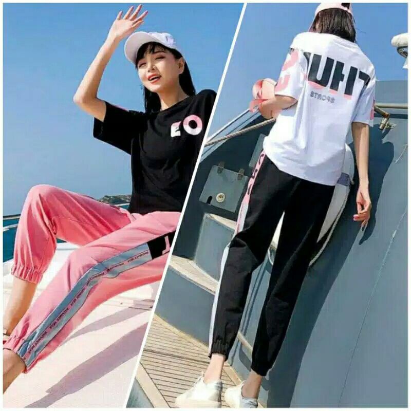 READY one set top + jogger setelan atasan kaos + celana panjang wanita sporty impor korea murah