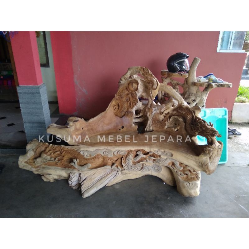 Kursi Bangku Akar Kayu Jati Solid Ukir Naga (Panjang 140cm)
