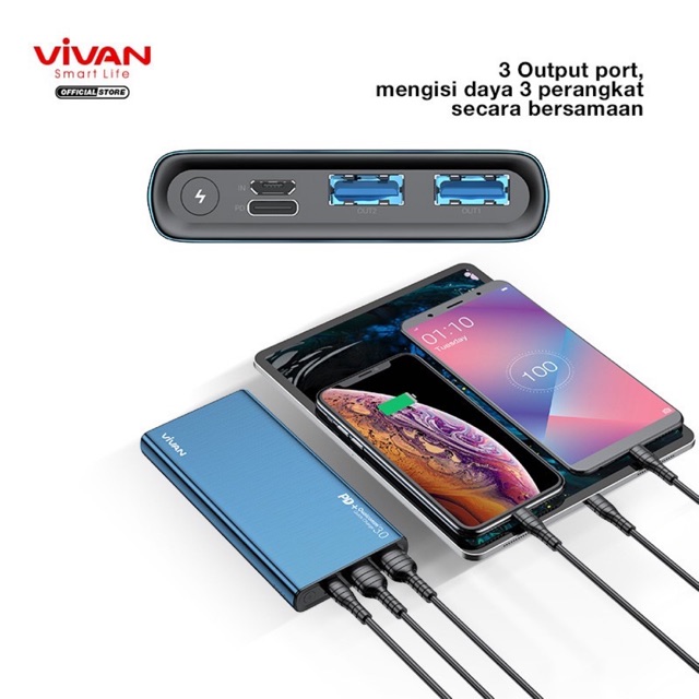 Power Bank VIVAN VPB-F10S 10000mAh Qualcomm Fast Charging 3 Output ORIGINAL WOOK Powerbank
