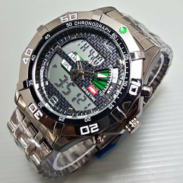 SWISS TIME Rantai Best Seller | Jam Tangan Pria Double Time | Analog + Digital | Army Watch