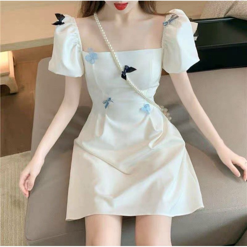 korean butterfly naby casual white dress ready stock