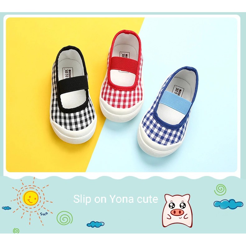 Dinda Sepatu anak-anak wanita slip on Yona trendy 2021 warna biru hitam dan merah ukuran 26-35