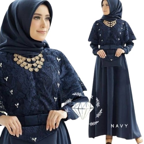 GAMIS BRUKAT NADINE KOMBINASI MOSCREPE / Gamis brokat busui/bumil muslimah wearr masa kini terbaru-NAVY