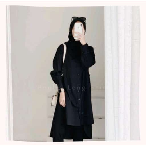 Atasan tunik wanita HANLEY LONG SHIRT Kemeja tunik polos lengan panjang, Long outer wanita, Pakaian wanita lengan balon busui friendly, Atasan wanita panjang model oversize terbaru