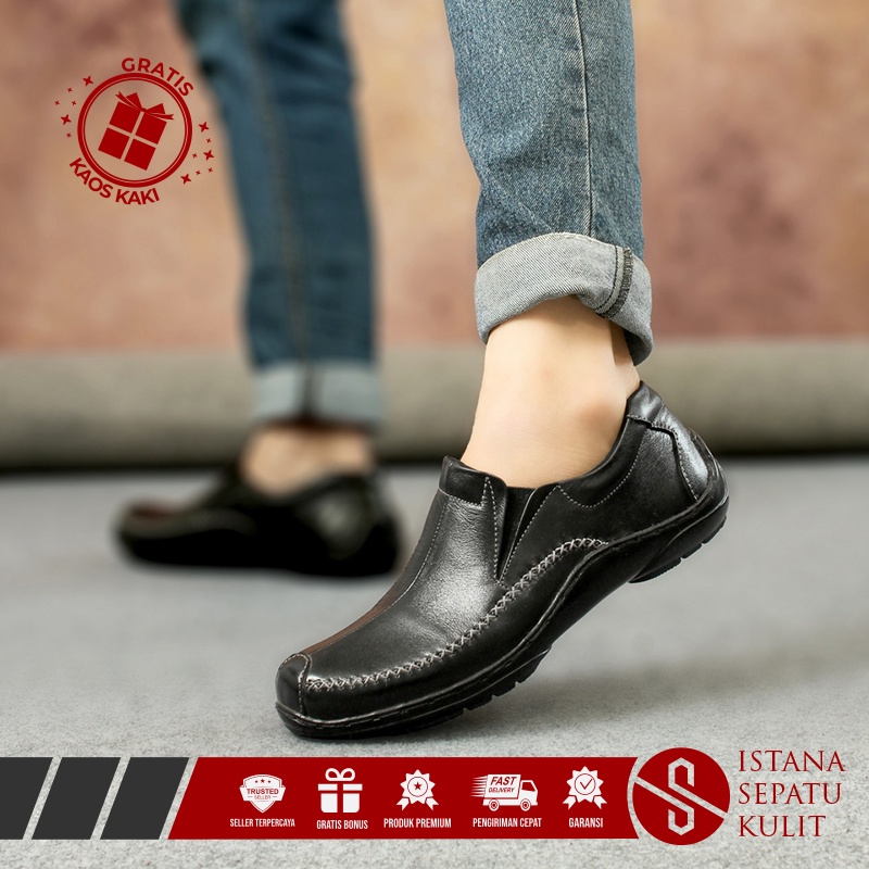 Sepatu Kerja Kasual Pria Slip On Keren Kantor Acara Formal Resmi Kondangan Gereja Cowok Pesta Kulit 