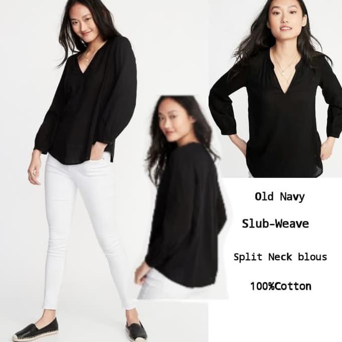 OLD NAVY SLUB-WEAVE SPLIT NECK BLACK BLOUSE BRAND MURAH {PRODUK TERBARU}