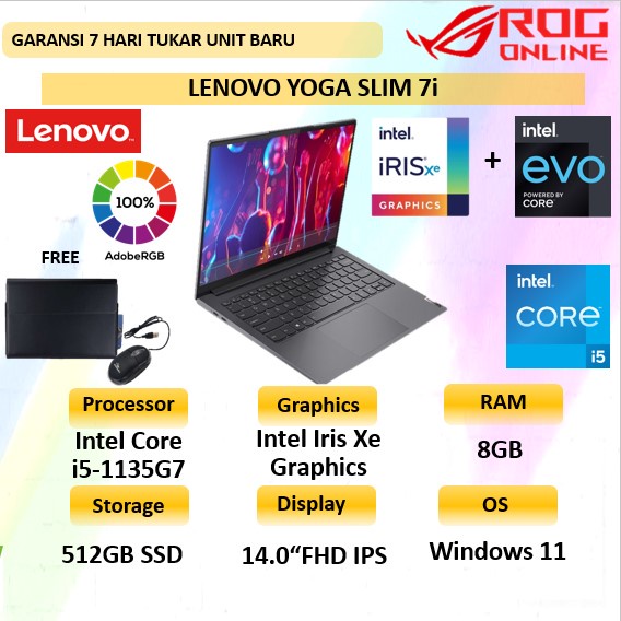 laptop ringan evo lenovo yoga slim 7i evo intel 5 gen 11 i5 1135g7 ram 8gb ssd 512gb intel irisxe ev