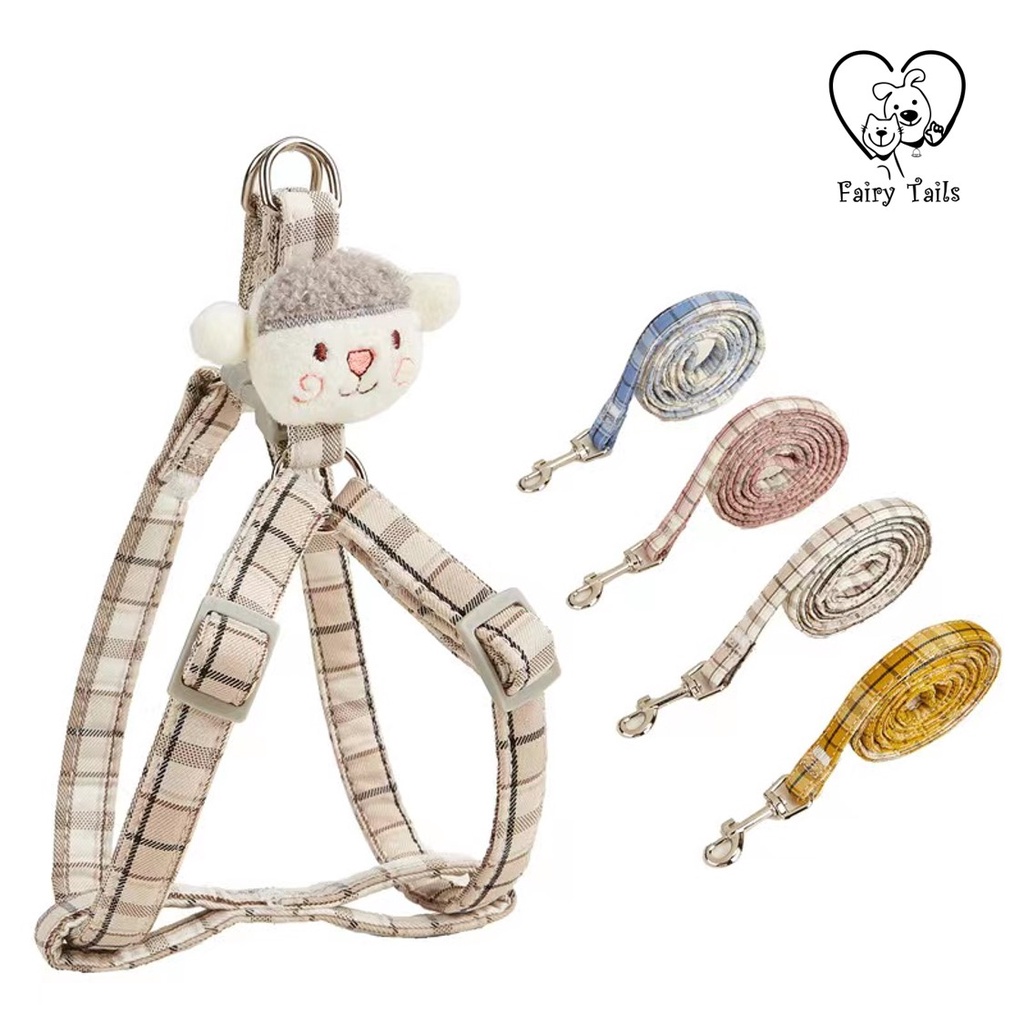 Set Tali Tuntun Tali Kekang dengan Harness Boneka Plush | Pet Cat Dog Set of Leash, Harness