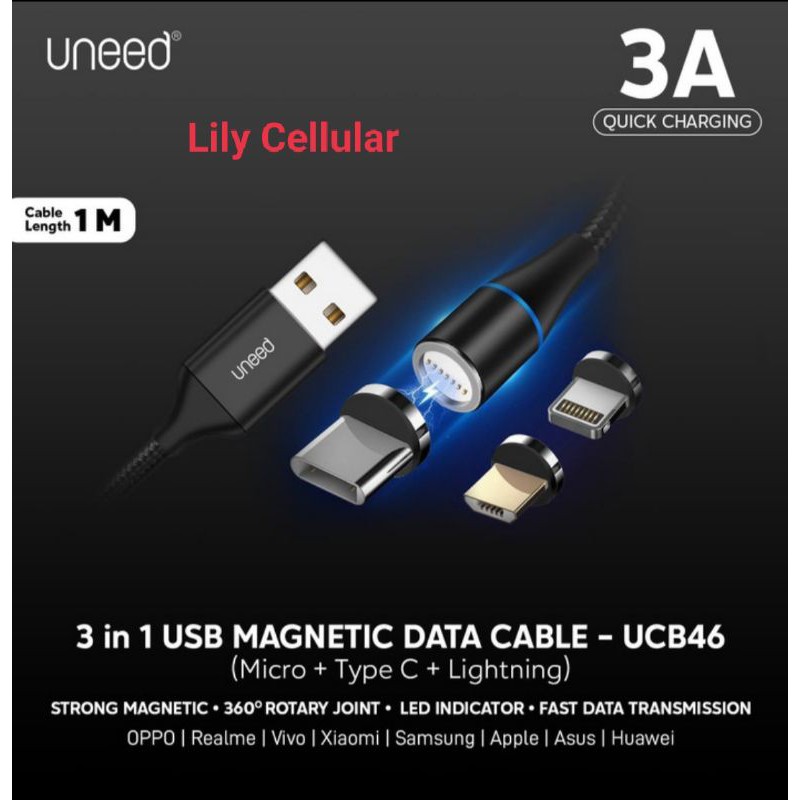 Kabel Data Magnetic 3 in 1 Micro USB iPhone Lightning Type-C 3A Uneed UCB46