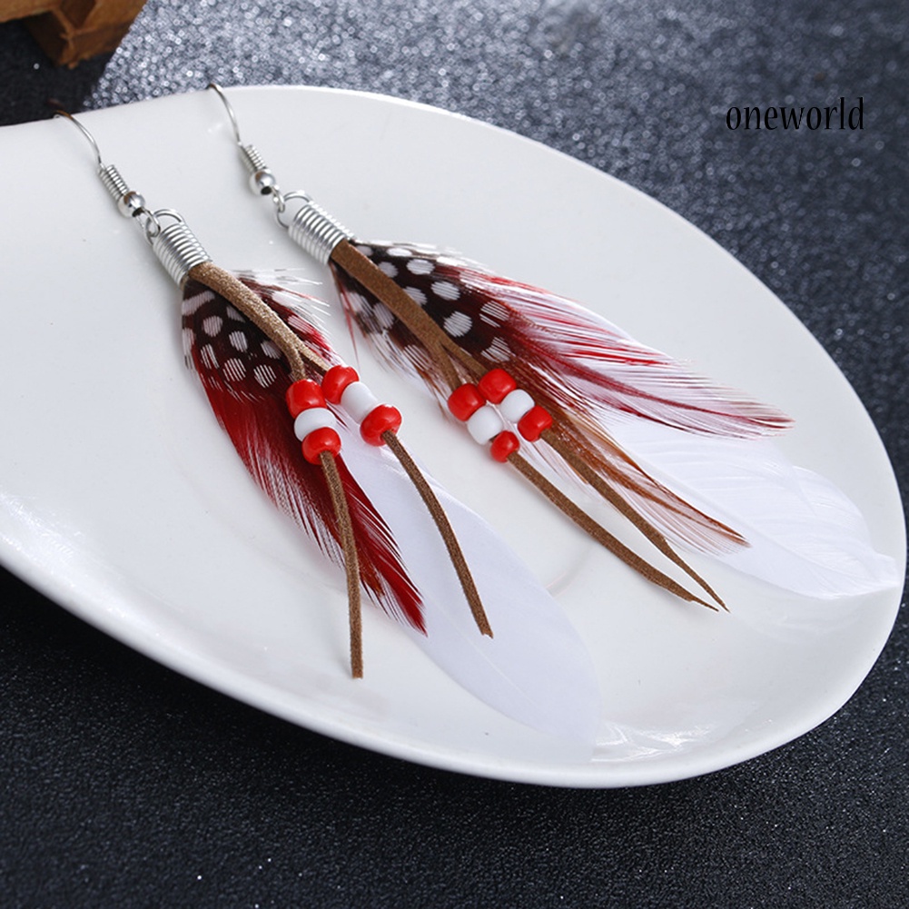 OW@ Bohemian Women Indian Feather Beads Tassel Dangle Hook Earrings Jewelry Gift