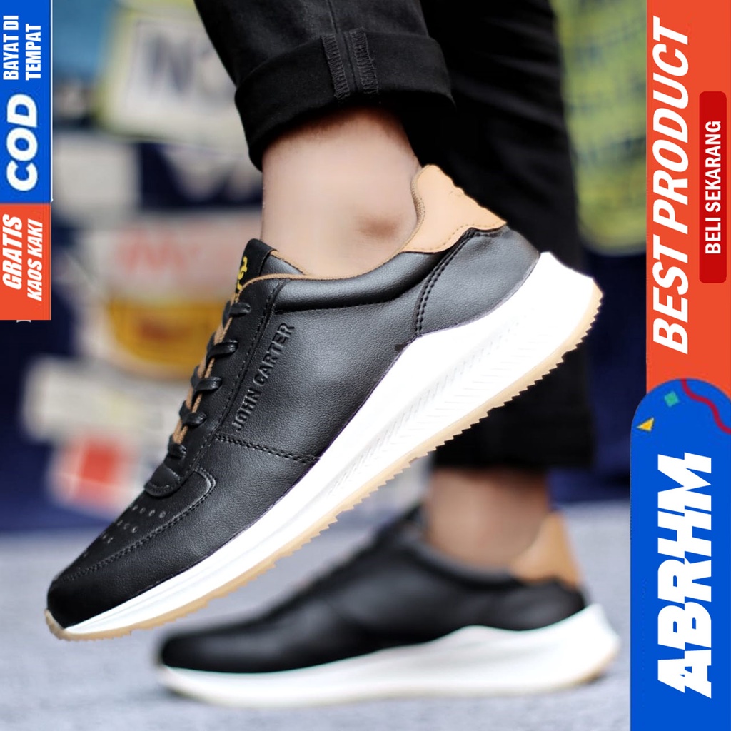 Sepatu Casual Pria Sneakers Hitam Kasual Kulit Pu Kekinian Kerja Kuliah Kantor Fashion Shoes Terbaru ABRHM SPARTA