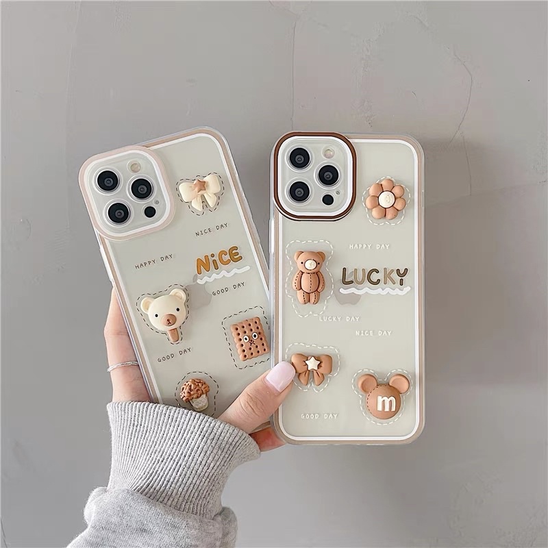 Soft Case Boneka Timbul Protect Camera IPHONE 6 6G 6S 6+ 7 7+ 8 8+ X XS 11 12 13 PRO MAX Casing 3D Bear Flower Cookies Full Lens Cover