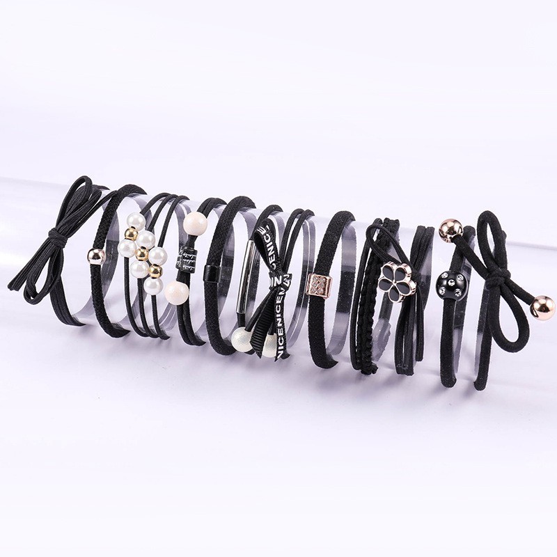 [12 in 1] Ikat Rambut Wanita Elastis Bahan Karet Aksesoris Fashion Gaya Korea Import-AR-88 Hitam