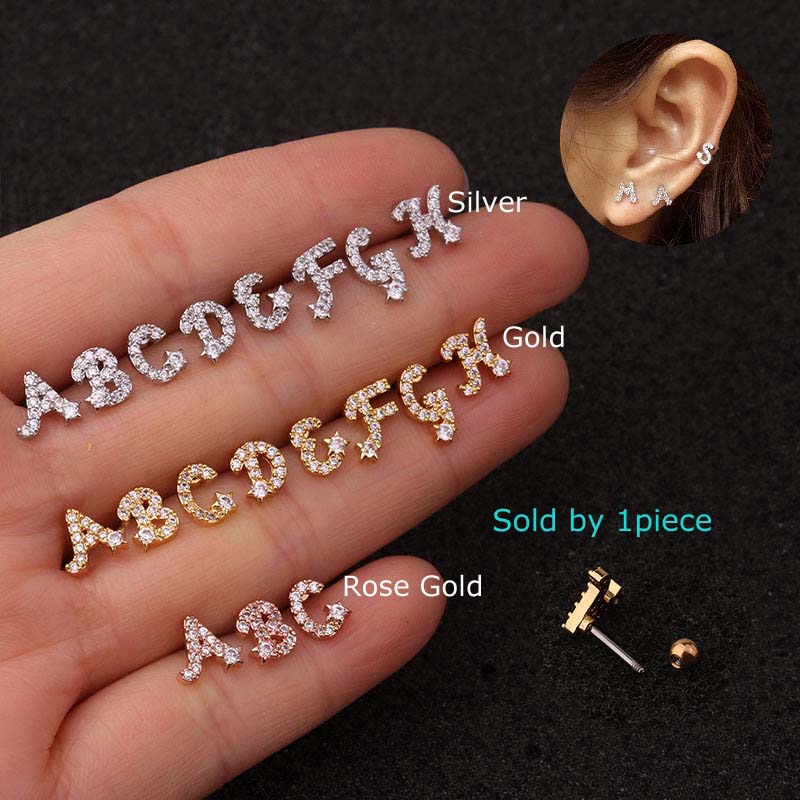 1piece Initials Letter A-P Traugs Piercing Cartilage Earrings for Helix Daith Rook Pinna