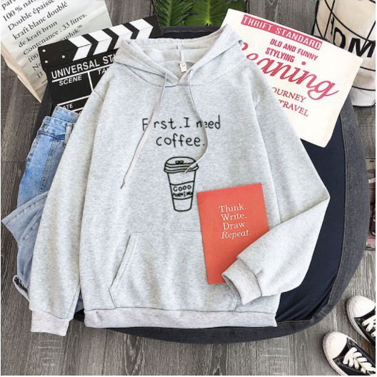 IvannaCollection Sweater Hoodie Wanita dan Pria Couple Pasangan First I Need Coffee Jaket Hodie Couple Bahan Fleece Premium