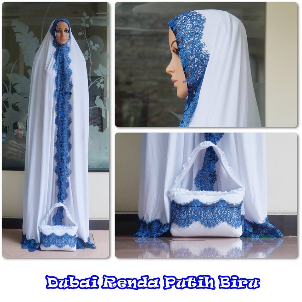 MUKENA TERUSAN DUBAI RENDA PUTIH - BIRU
